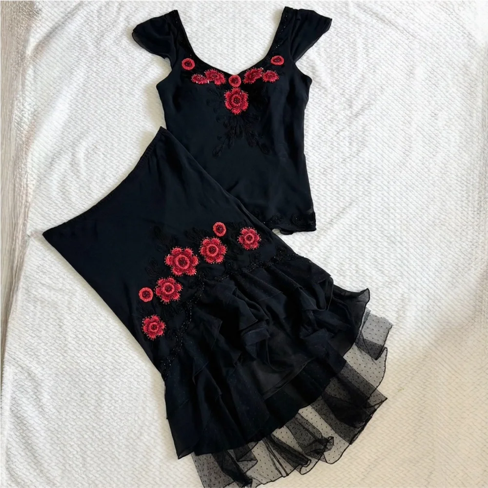 VTG Sue Wong Silk Beaded Embroidered Skirt Top 6 Black Whimsigoth Coquette Dress - Picture 4 of 17